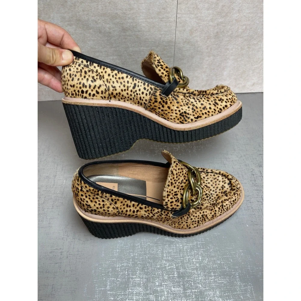 Dolce Vita Brenan Leopard Calf Hair Platform Wedge Loafers Gold Chain Size 8